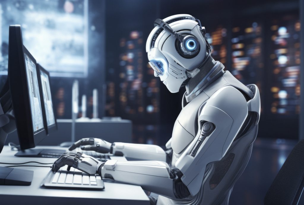 A robot working on a computer, RPA is one of the outsourcing trends